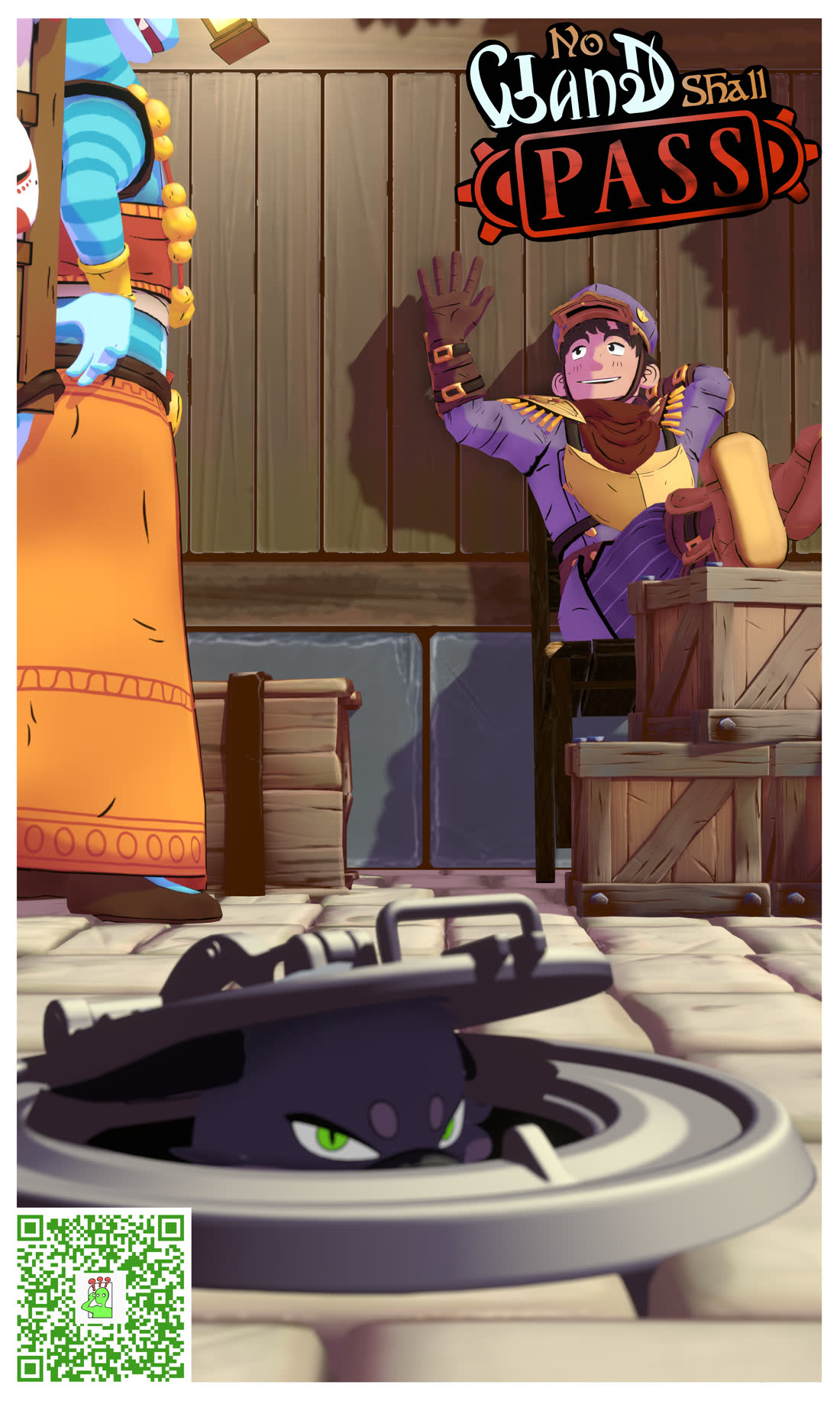 No Wand Shall Pass official poster: Teodore waves from the gate booth while Duiko peeks from a manhole