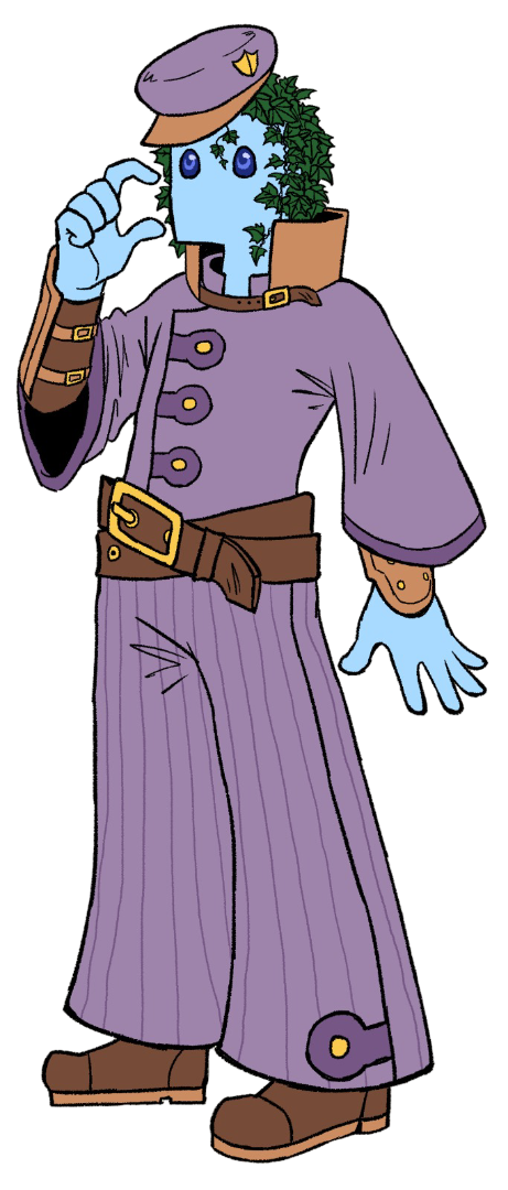 The Player: a blue-skinned Raksha in a Gatekeeper uniform, ivy growing from beneath their cap